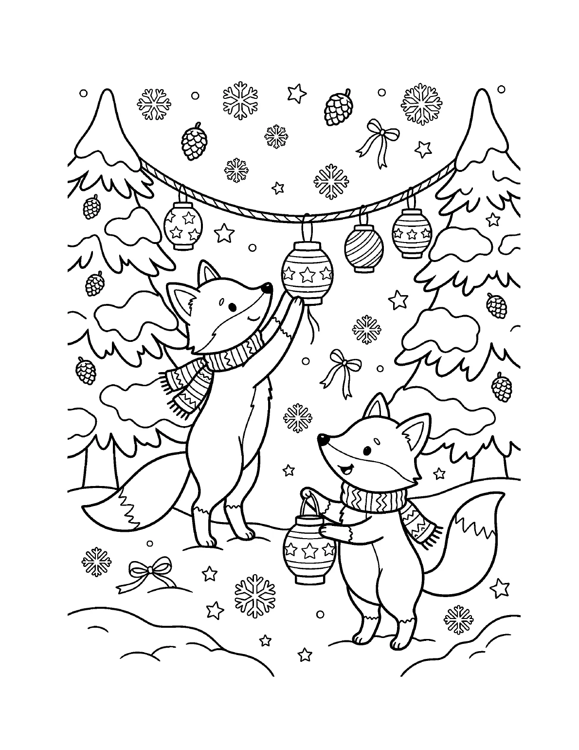 Holiday-level coloring page: two foxes in knitted scarves hanging paper lanterns between snowy pine trees, with snowflakes, stars and ribbons