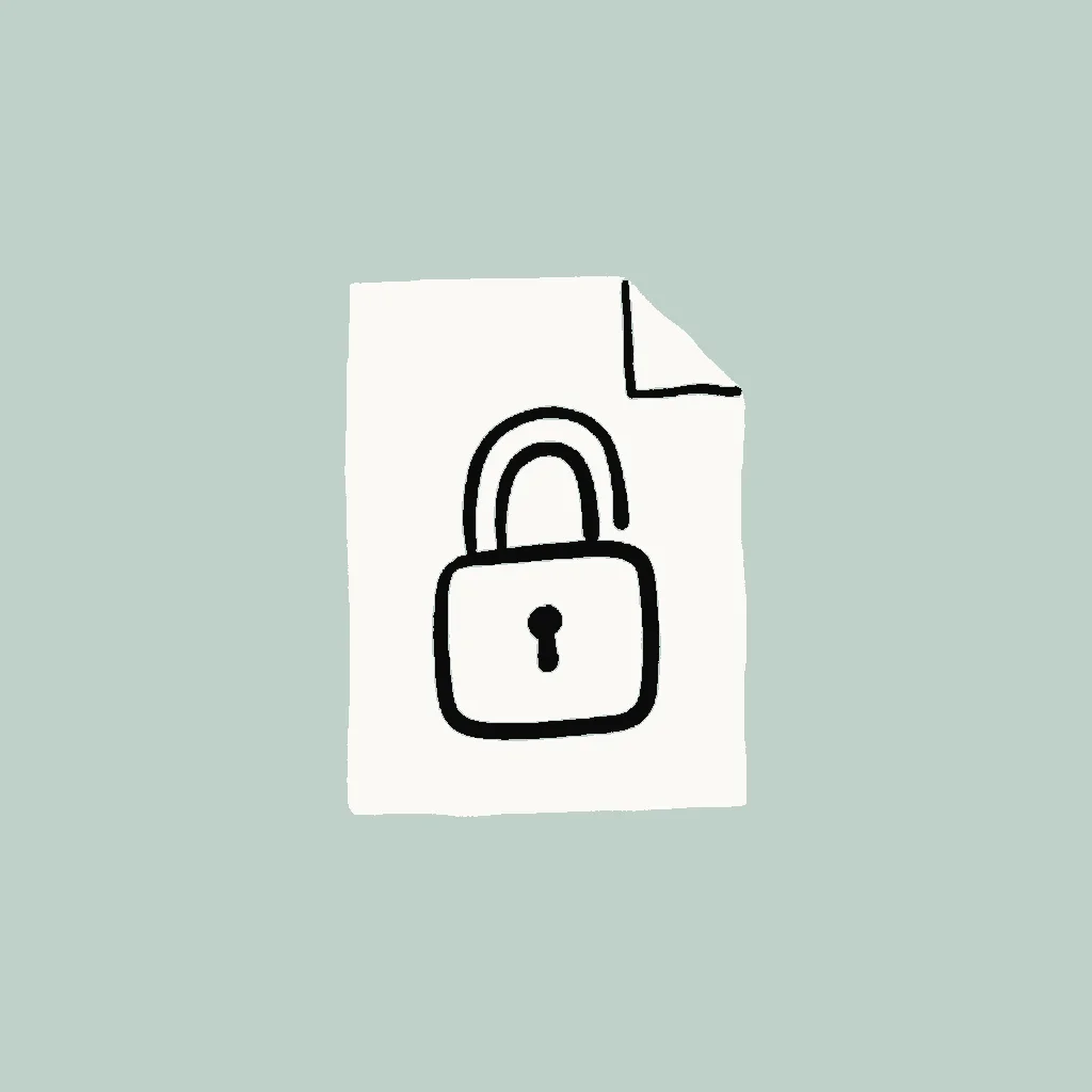 Outline padlock drawn on an off-white sheet with a folded corner, flat seafoam background, a metaphor for private notes