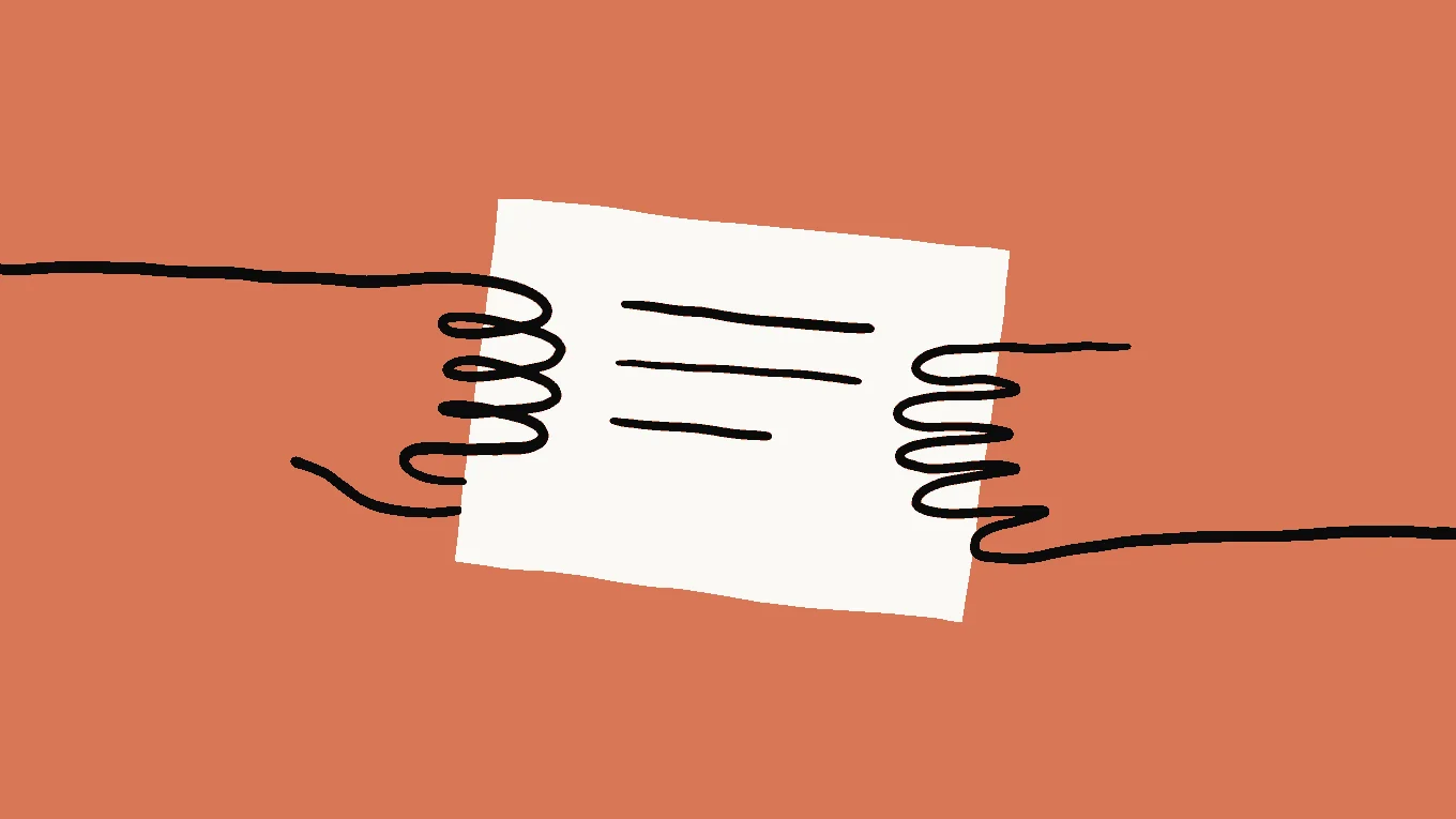 Two outline hands passing an off-white sheet with three short lines across a flat terracotta background, a metaphor for a team handoff