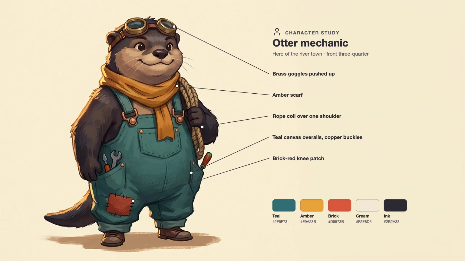 Concept art character study of an otter mechanic in teal overalls, amber scarf and brass goggles, with callouts and a five-color palette