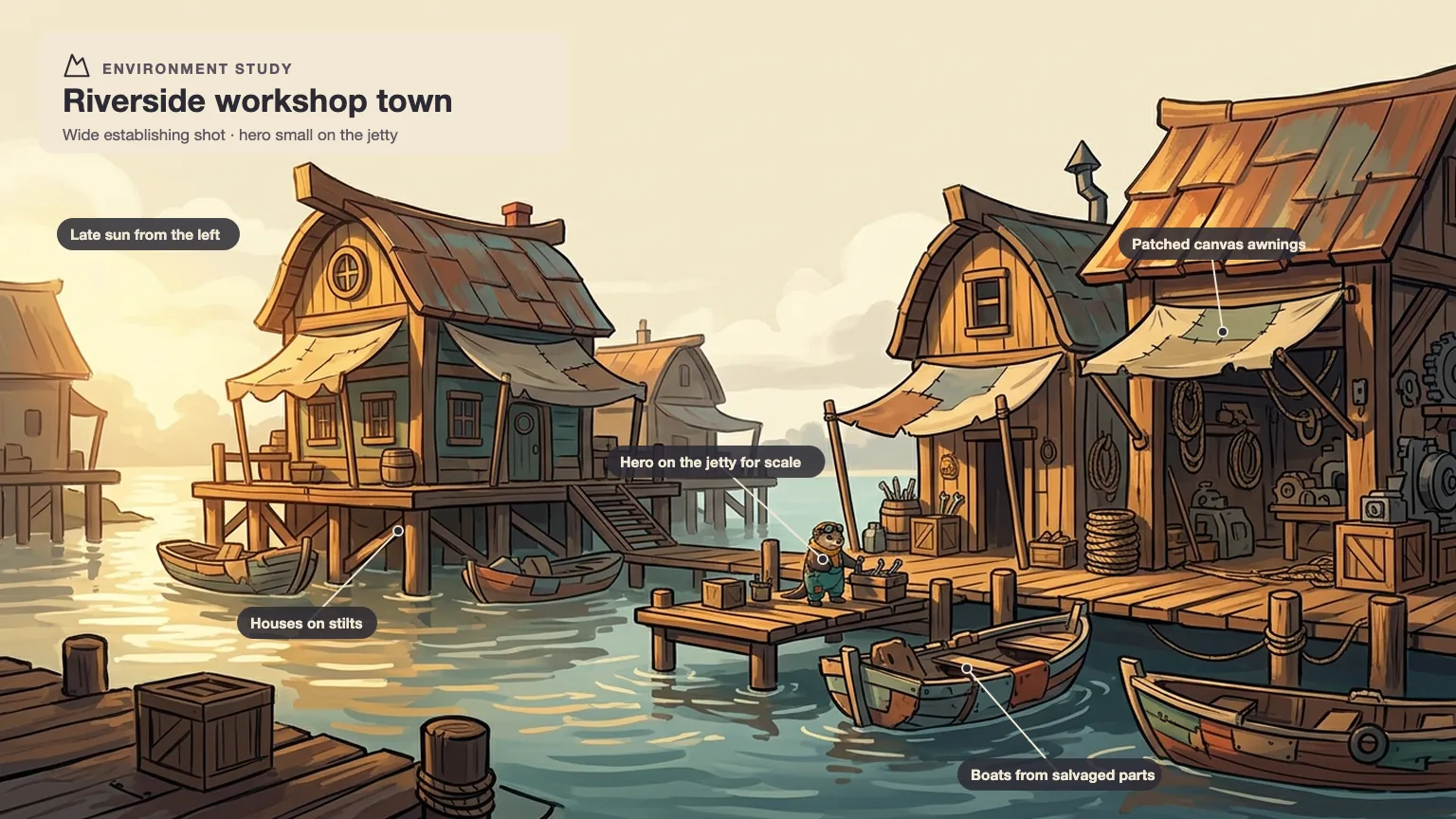Environment study of a riverside workshop town on stilts with patched awnings and salvaged boats, the otter small on the jetty