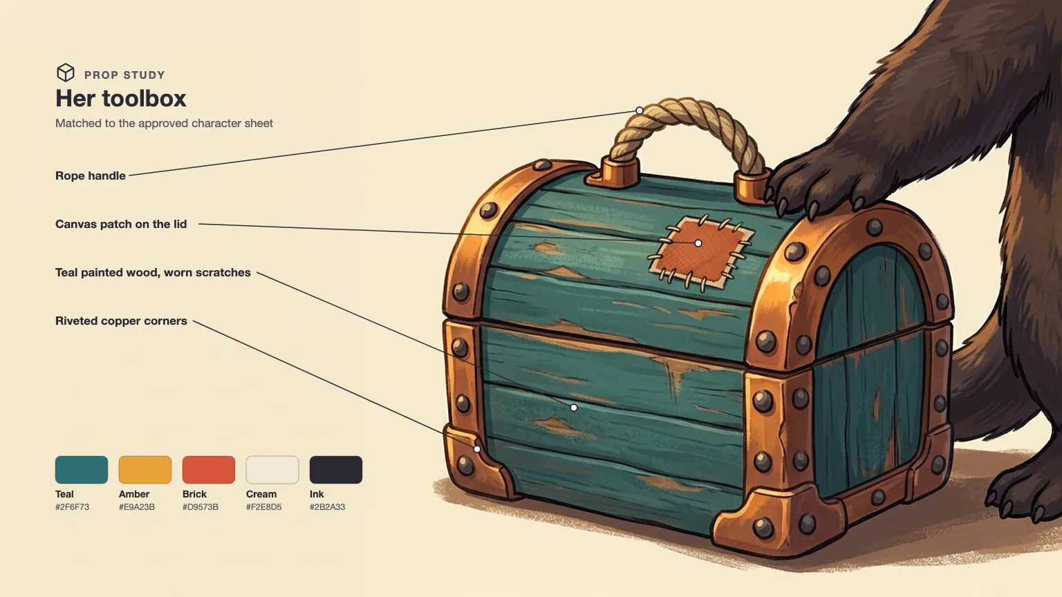 Prop study of her teal wooden toolbox with copper corners, a canvas patch and a rope handle, matching the same palette