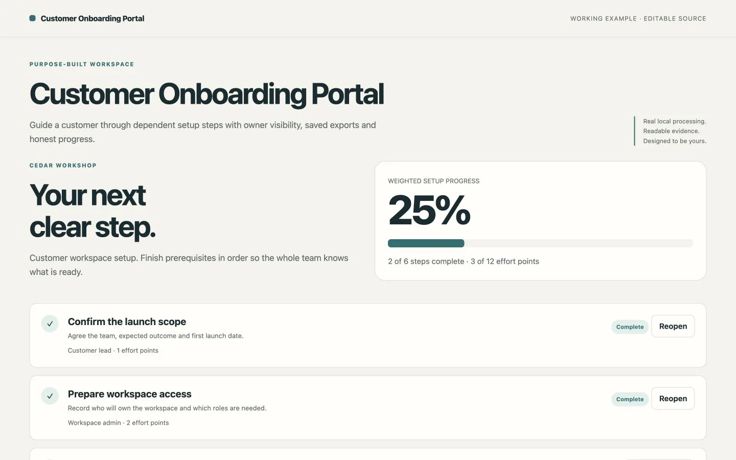A customer setup checklist with prerequisites and weighted progress — working example