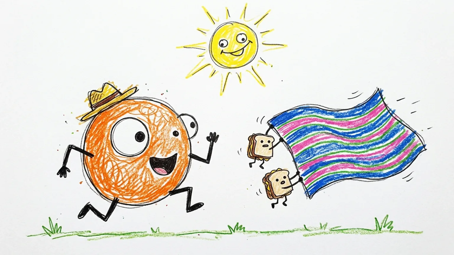 Crayon doodle newsletter header of a round orange creature in a straw hat chasing a runaway striped picnic blanket held by two little sandwiches