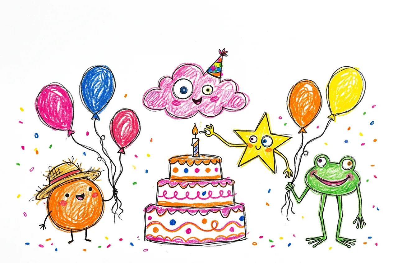 Crayon birthday card scene with a pink cloud in a party hat, a three-layer cake, balloons, a yellow star lighting the candle and a green frog