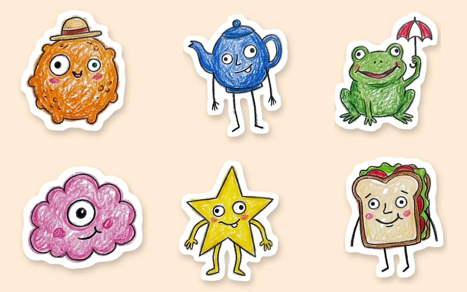 Six die-cut crayon stickers with white outlines: orange creature, cobalt teapot, frog with umbrella, one-eyed pink cloud, yellow star and sandwich