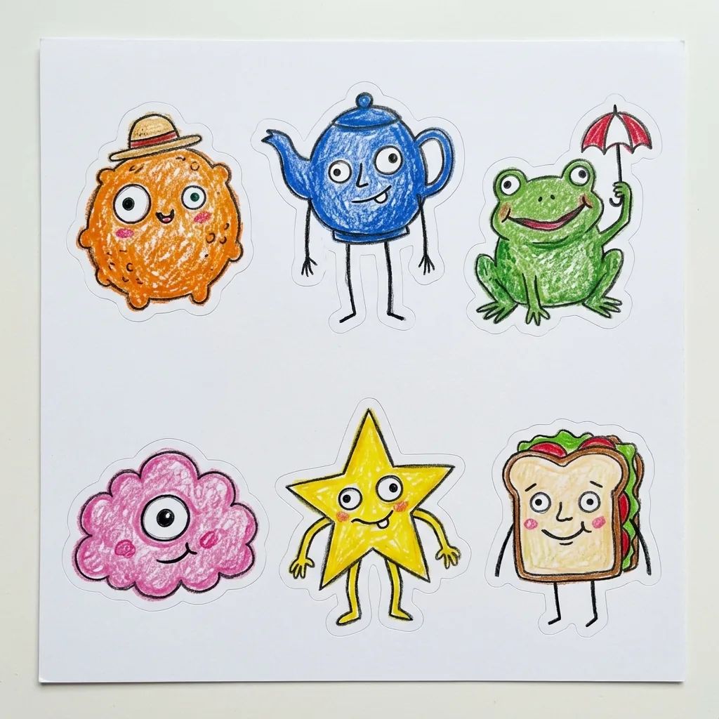 The original crayon sticker sheet with six separate doodle characters on white paper