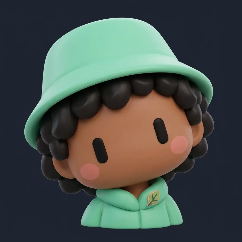 Square avatar of a fictional gardener as a matte vinyl toy, mint bucket hat and jacket with a leaf pin, two capsule eyes and no mouth on a navy background