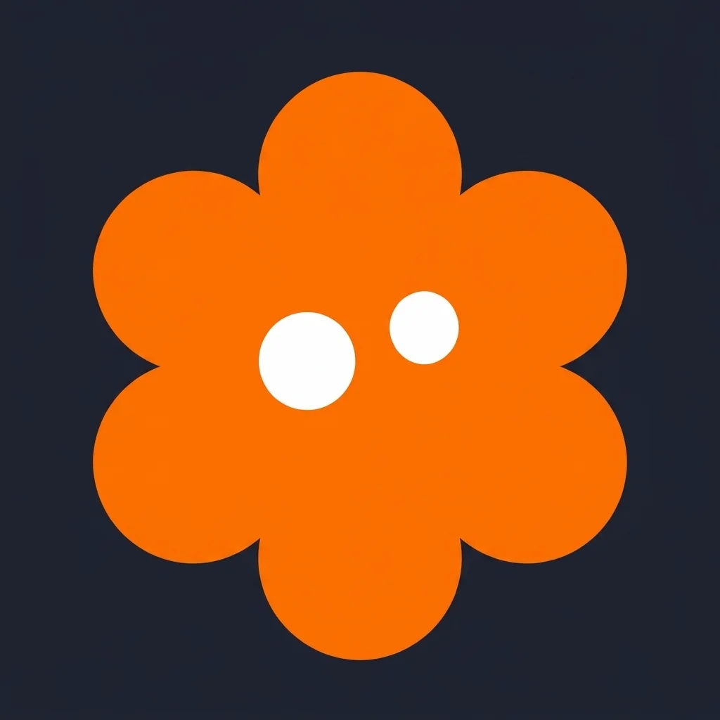 Flat tangerine six-petal flower mascot with two white dot eyes of different sizes on a deep navy background