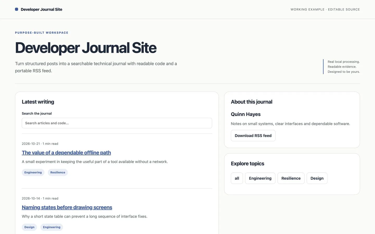 A developer journal with structured code examples, tags and RSS export — working example