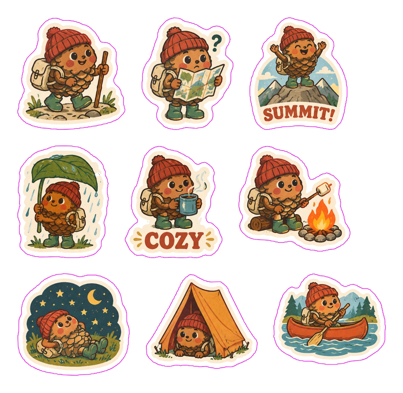 Letter sheet of nine die-cut stickers of Pip, a pinecone in a red beanie and green boots: hiking, reading a map, on a summit with the caption SUMMIT!, under a leaf umbrella, holding a mug with the caption COZY, toasting a marshmallow, stargazing, in a tent and paddling a canoe, each with a magenta cut line