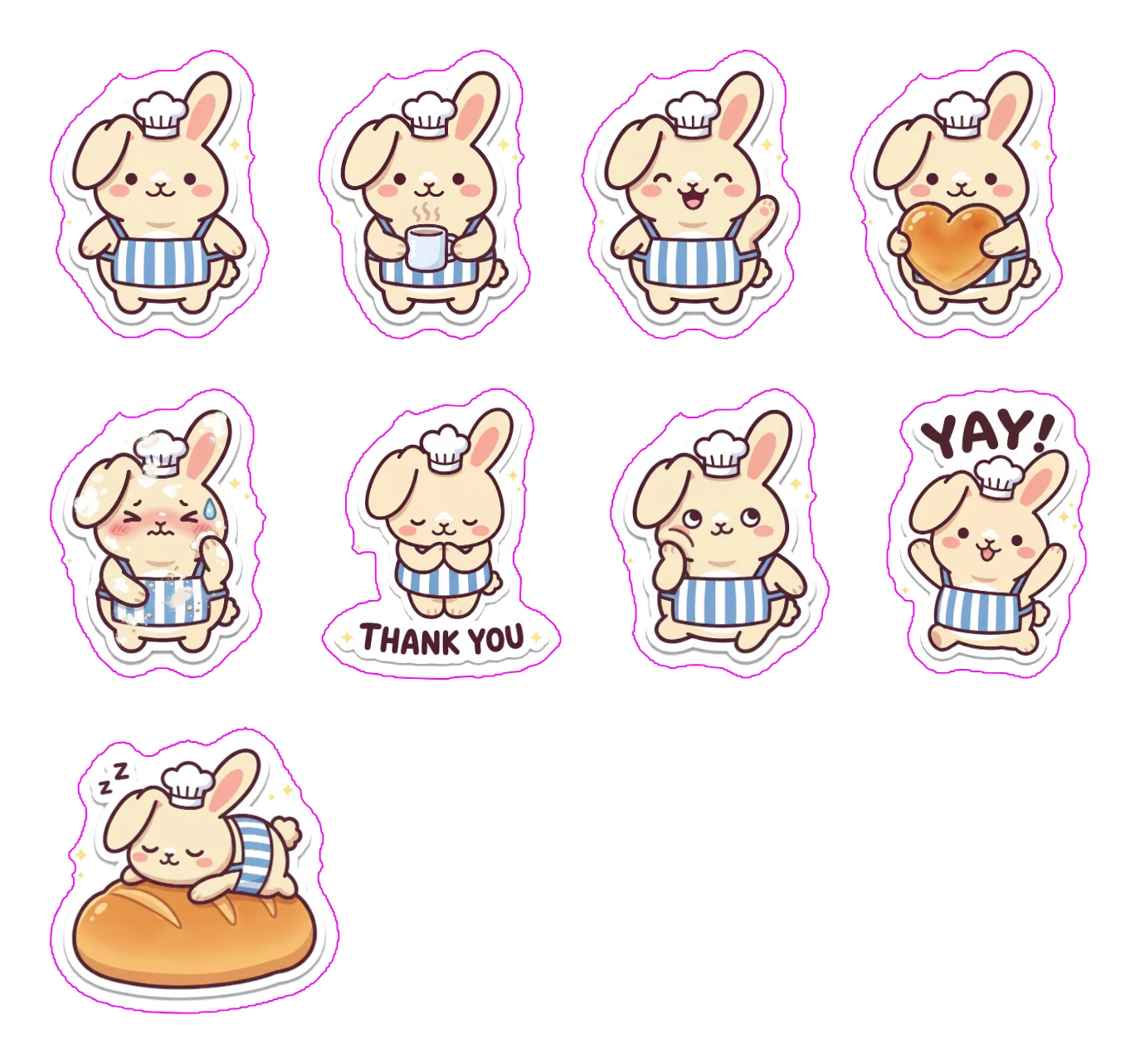 A4 sheet of nine die-cut stickers of Bun, a cream bunny in a chef's toque and striped apron: neutral, coffee, hello, heart bun, oops, THANK YOU, thinking, YAY! and dozing on a loaf