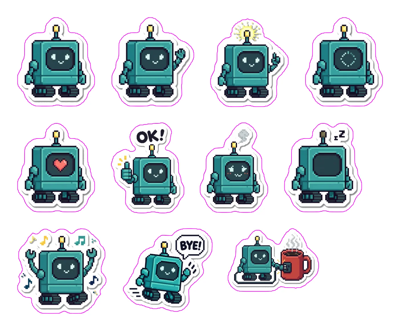 A4 sheet of eleven pixel-art die-cut stickers of Bolt, a teal boxy robot: standing, waving, idea, loading, heart screen, OK! thumbs up, smoke puff, sleeping, dancing, BYE! and charging from a coffee cup