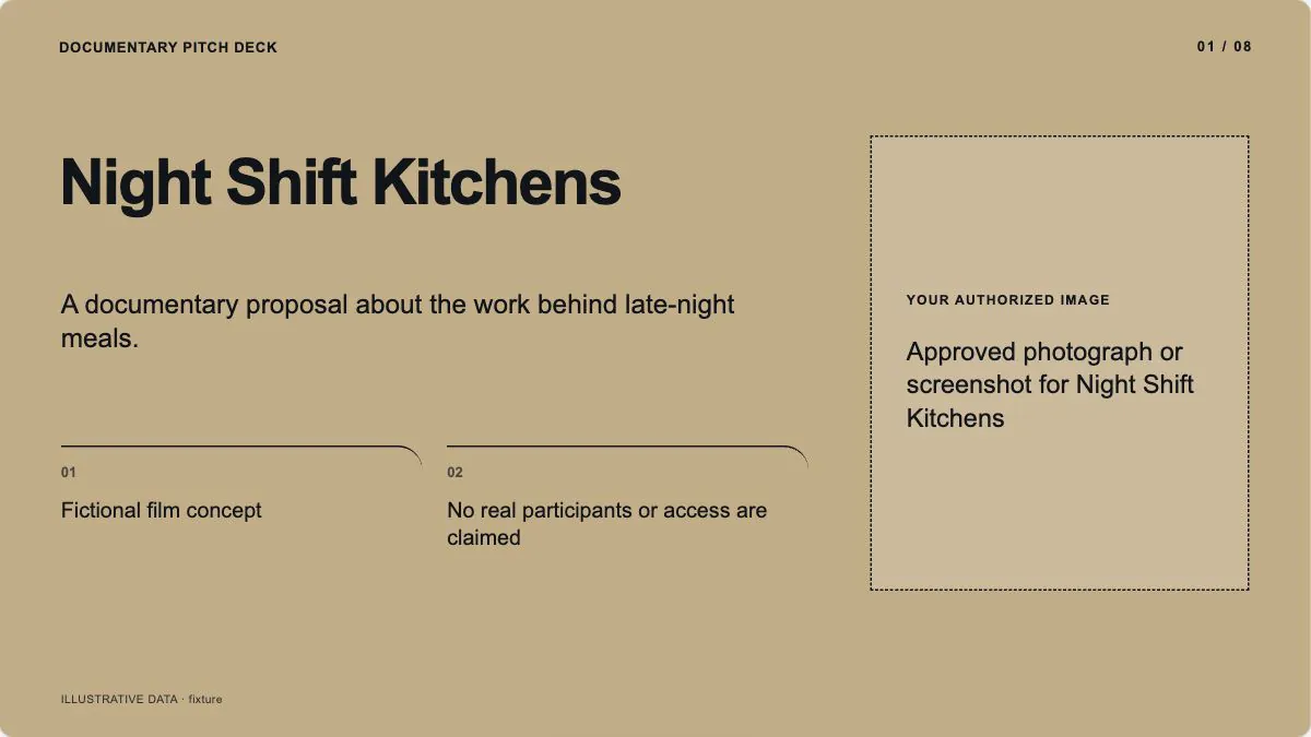 Documentary Pitch Deck sample, slide 1: Night Shift Kitchens