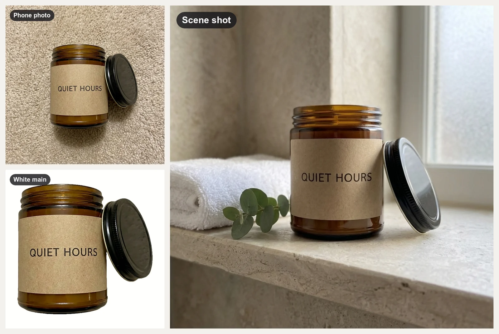 Phone photo of an amber jar candle labelled QUIET HOURS on a carpet, the same candle on pure white as a marketplace main image, and in a scene on a limestone bathroom shelf with a towel and eucalyptus