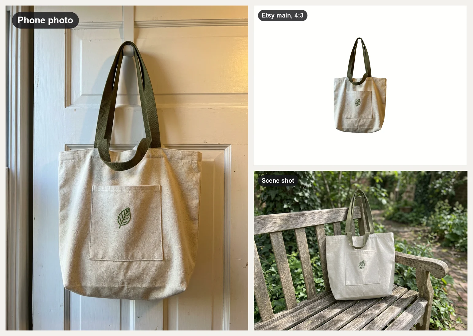 Phone photo of a canvas tote with olive handles and an embroidered leaf hanging on a door, the same tote as a 4:3 Etsy main on white, and on a wooden garden bench