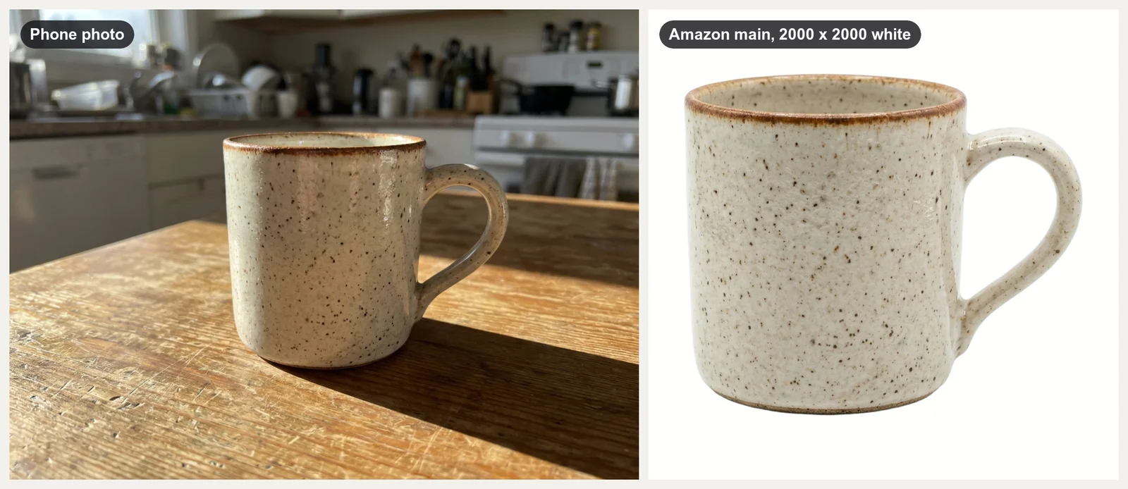 Phone photo of a speckled stoneware mug in harsh kitchen light, and the same mug as a 2000 by 2000 Amazon main image on pure white