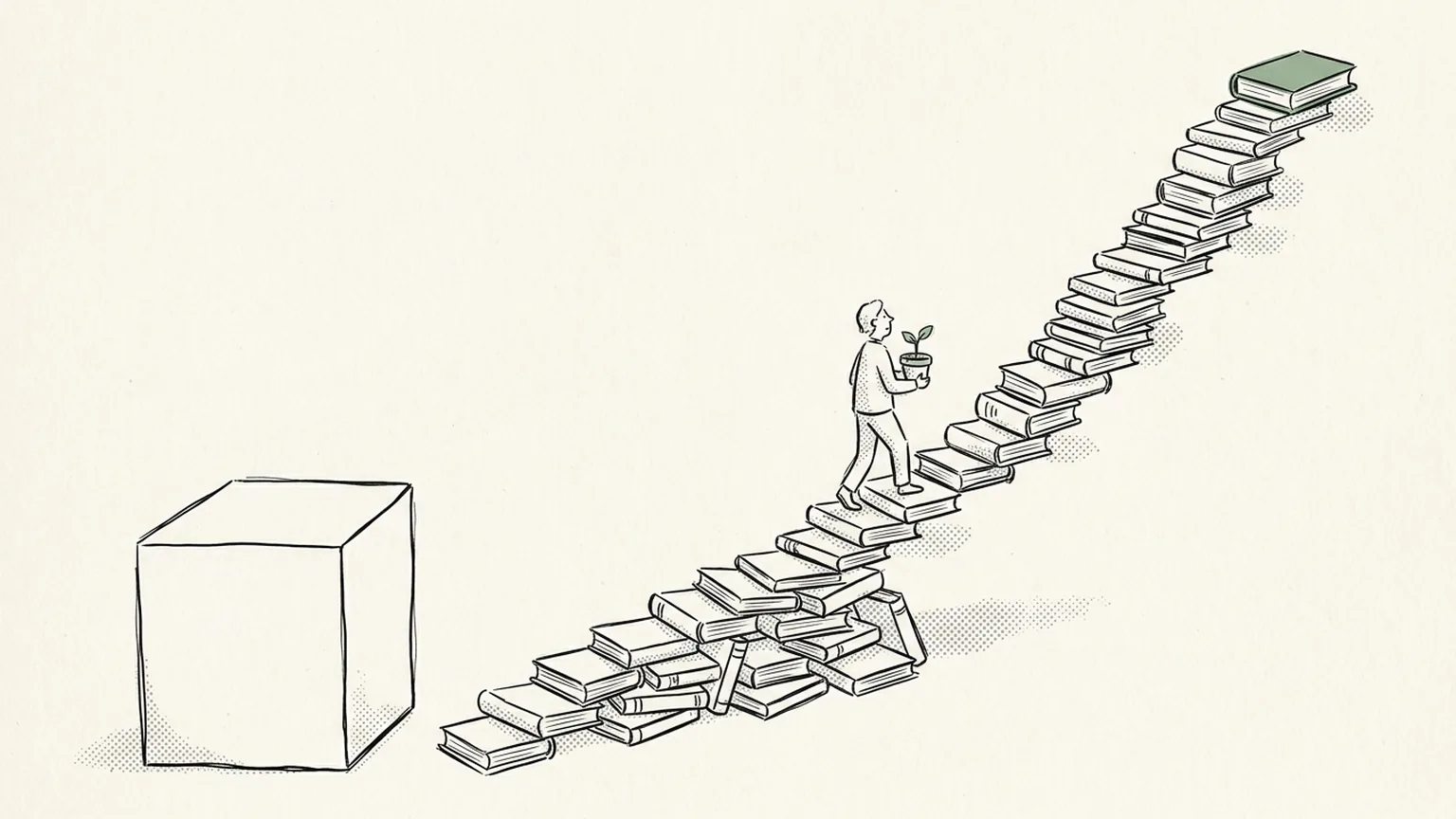 Pen-and-ink editorial illustration of a person climbing a long staircase of small books toward one sage green book, an unused giant step below