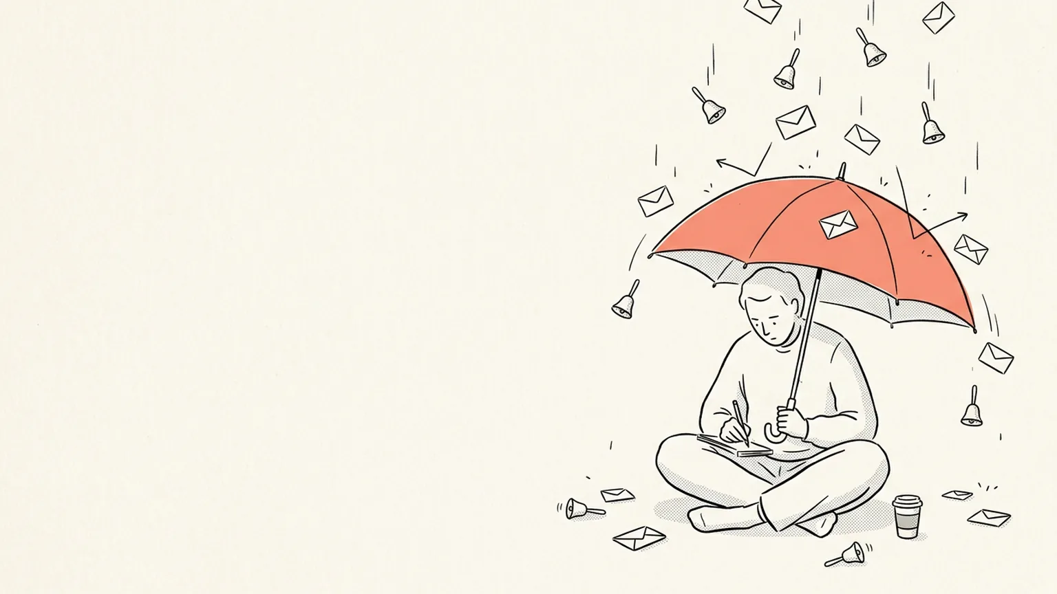 Line illustration of a person writing under a coral umbrella while small envelopes and bells bounce off it