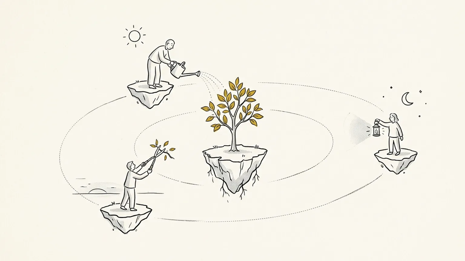 Line illustration of three people on floating islands caring for one mustard-leaved tree in the middle, under sun, moon and dusk