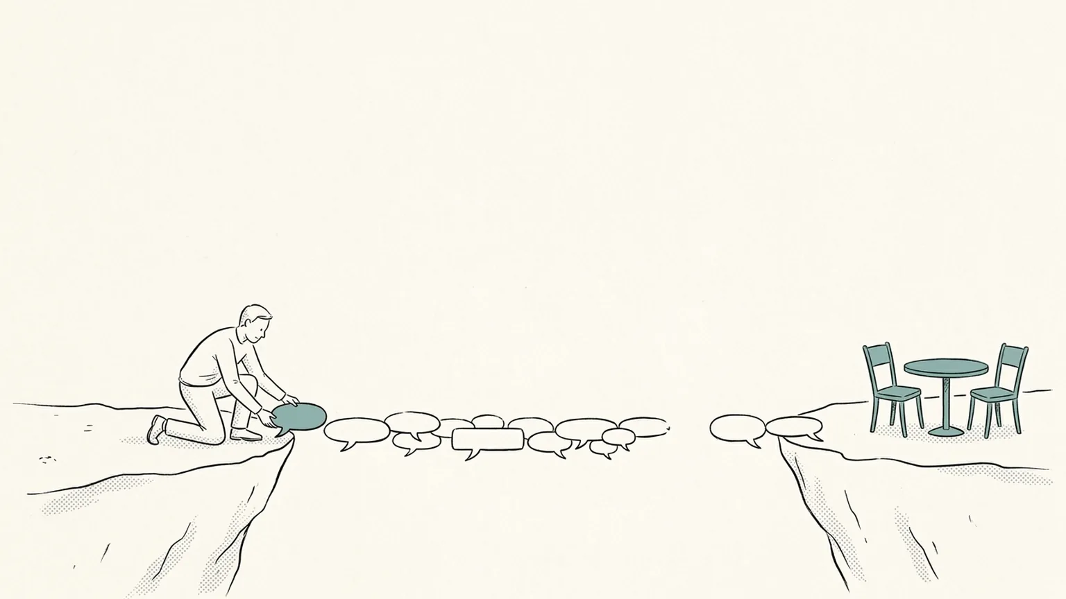 Line illustration of a person laying empty speech balloons as a bridge between two cliffs toward a teal cafe table