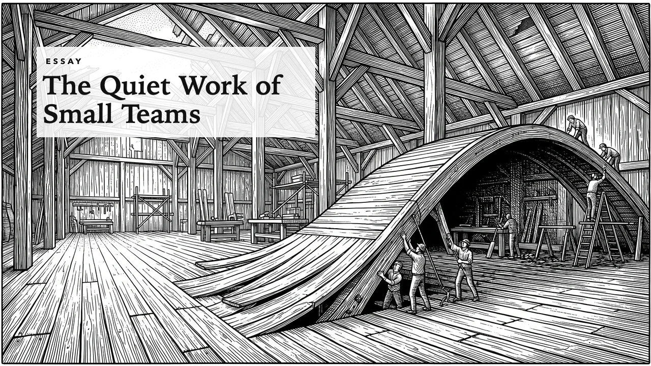 Black-ink engraving of a workshop floor peeling up into an arching bridge carried by small figures, with the headline The Quiet Work of Small Teams set in the open sky