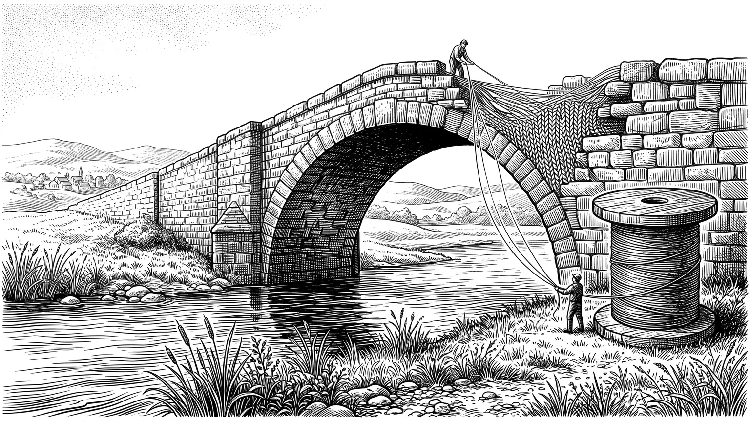 Engraving of an old stone bridge whose missing stones are knitted back from a giant spool of thread by two small figures