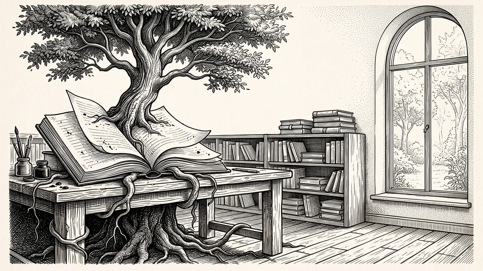 Engraving of an open notebook on a desk growing into a tree whose roots reach through the floorboards, beside an arched window