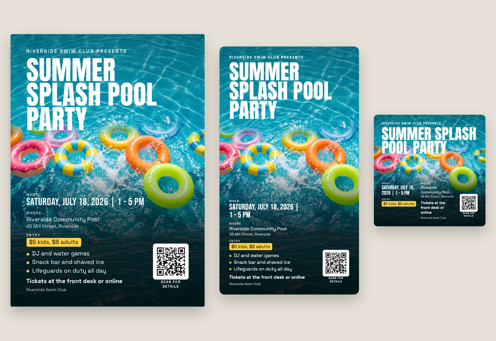 Summer Splash Pool Party flyer over turquoise pool water with floats, shown as an A4 print, a story and a square post