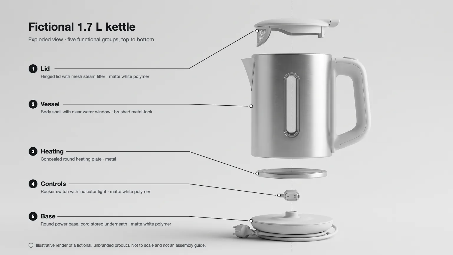 Labeled exploded-view poster of a fictional unbranded electric kettle in side view: lid, vessel, heating plate, switch and base