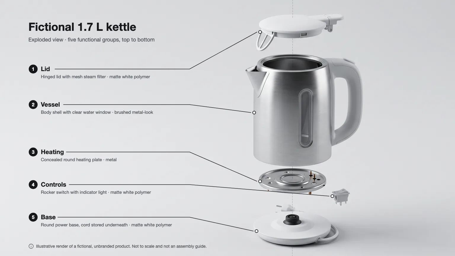 Three-quarter exploded view of the same fictional kettle with numbered callouts for its five functional groups