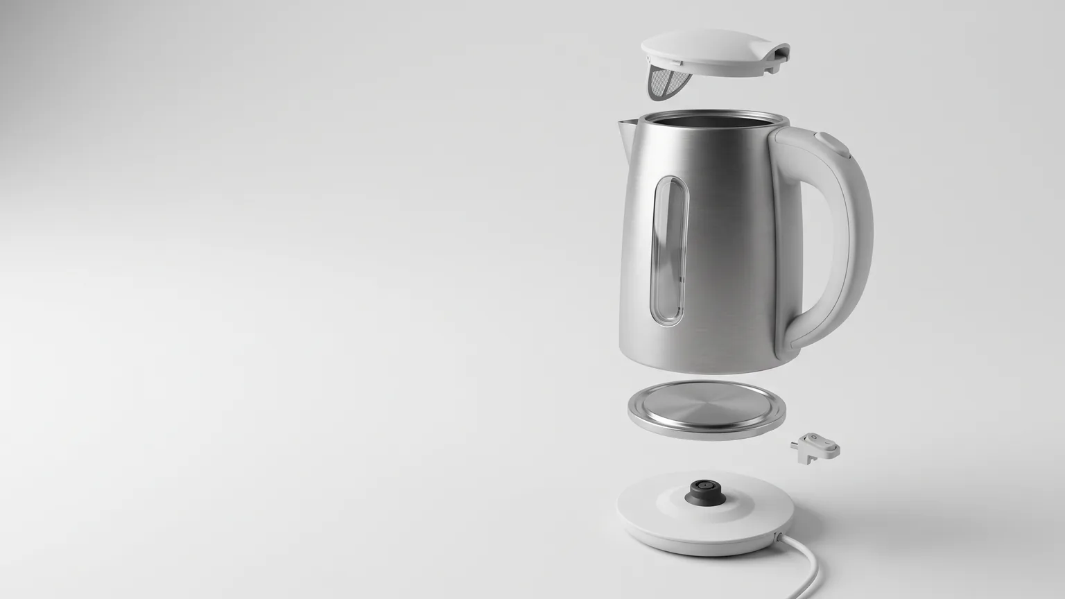 Unlabeled exploded render of the fictional kettle seen from above on a light gray studio background