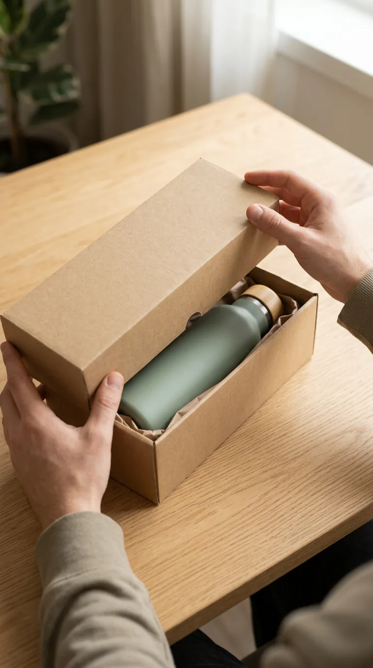 Faceless Product Ad Maker: Keyframe: first-person unboxing of the bottle