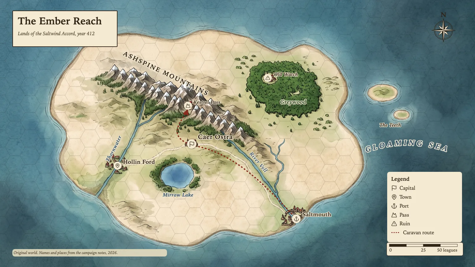 Painted atlas map of the fictional continent The Ember Reach with lettered mountains, rivers, forest, lake, towns, a caravan route, compass, legend and scale bar