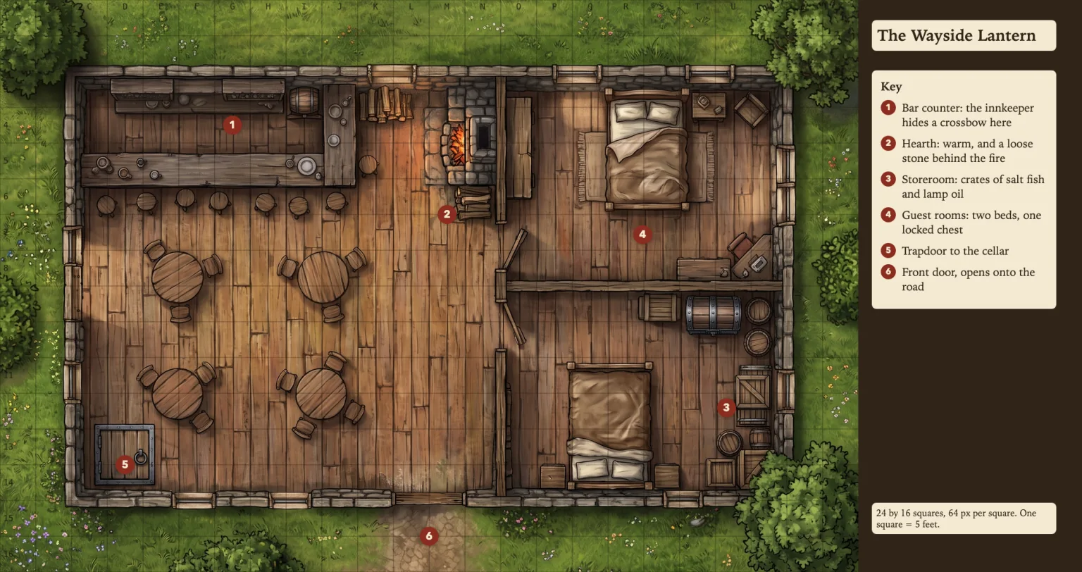 Top-down battle map of a roadside inn, The Wayside Lantern, on a 24 by 16 square grid with lettered columns, numbered rows and a six-point game master key