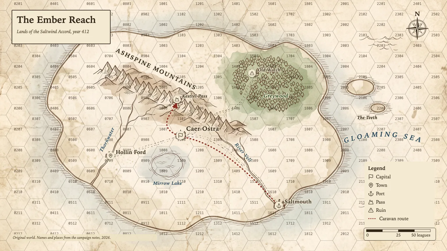Parchment ink and wash version of The Ember Reach with a numbered hex grid for hexcrawl play