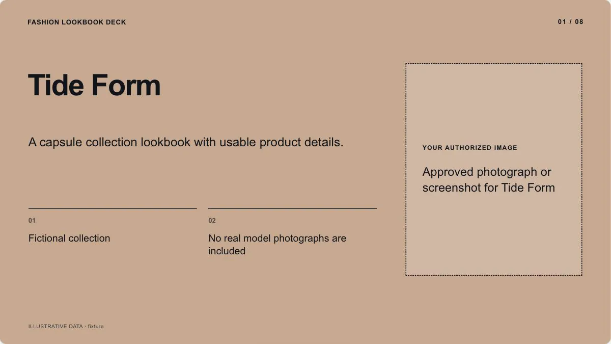 Fashion Lookbook Deck sample, slide 1: Tide Form