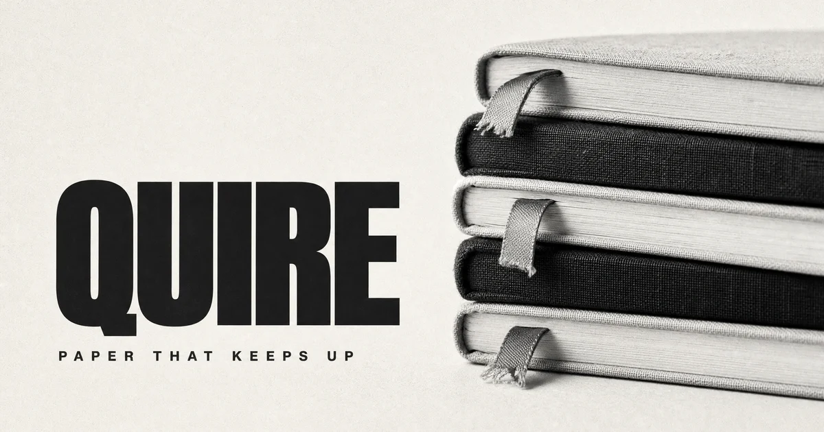 Black and white share image with the heavy word QUIRE and Paper that keeps up beside a stack of cloth-bound notebooks with ribbon markers