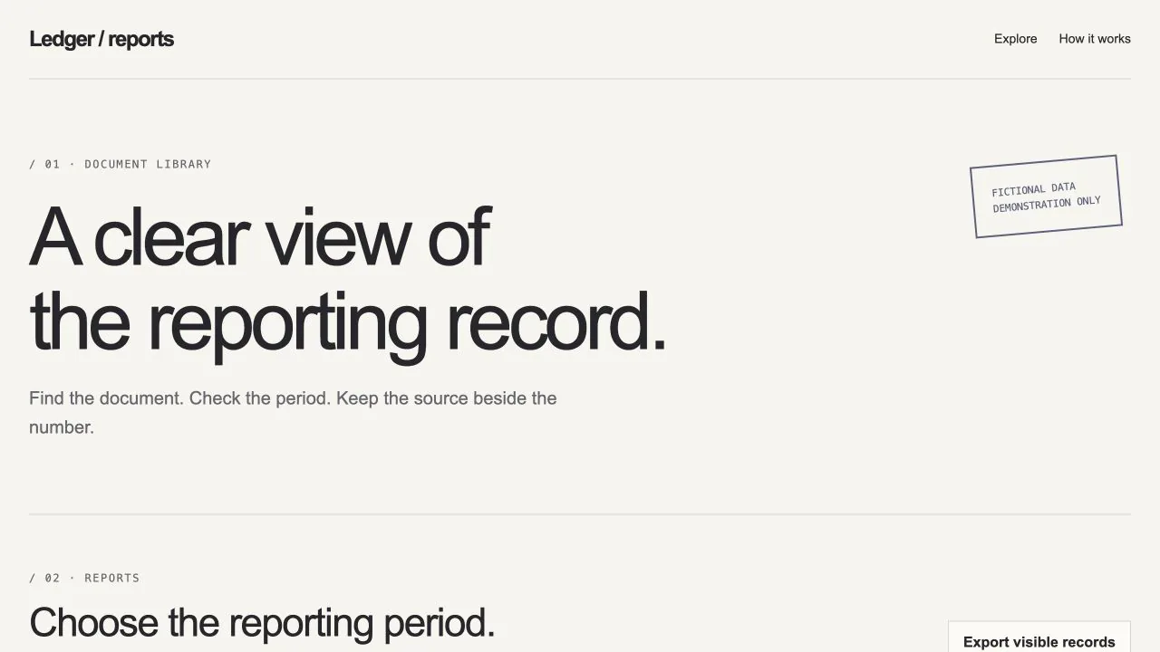 Financial Report Portal: first screen of the included example