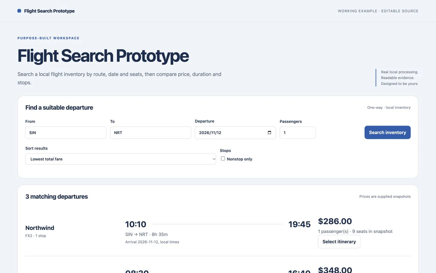 A local flight inventory with passenger totals and timezone-aware durations — working example
