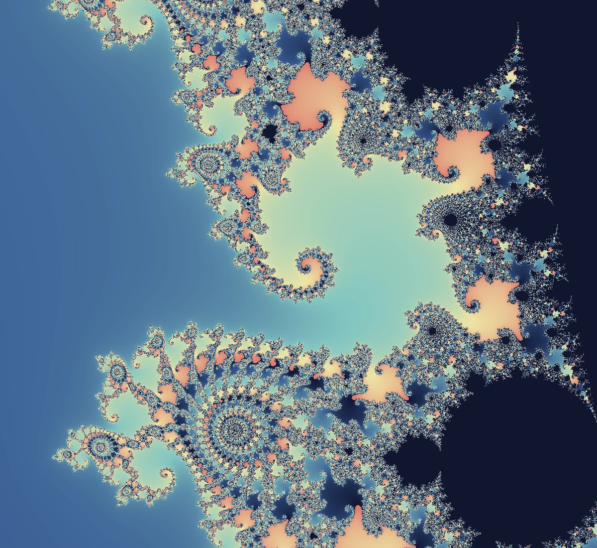 Computed Mandelbrot detail with spirals in blue, cream and coral