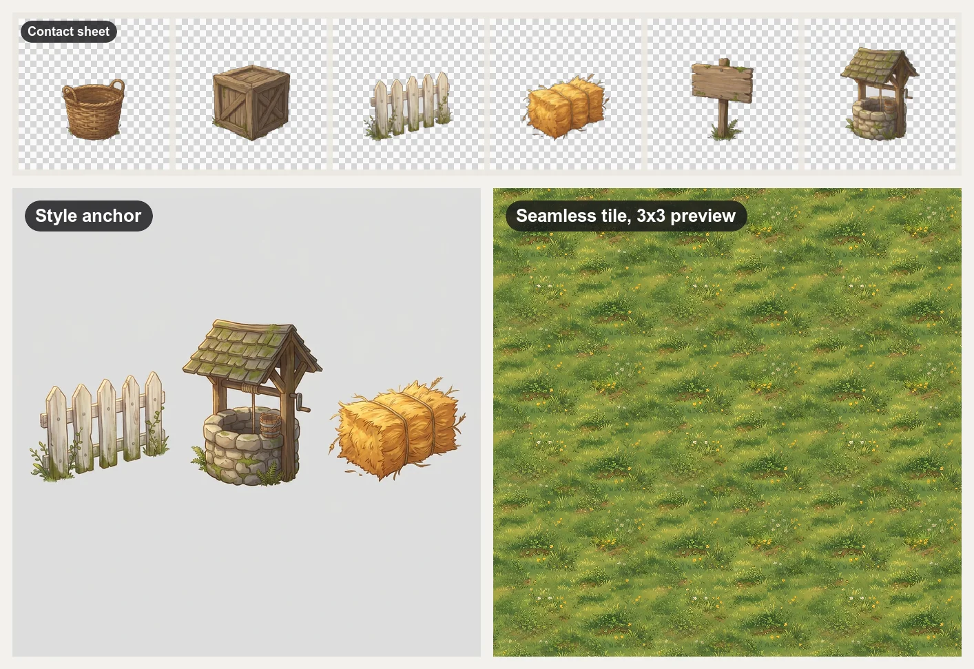 Hand-painted farm props (basket, crate, picket fence, hay bale, sign post, stone well) on a contact sheet, with the style anchor and a seamless meadow grass tile in a 3x3 preview
