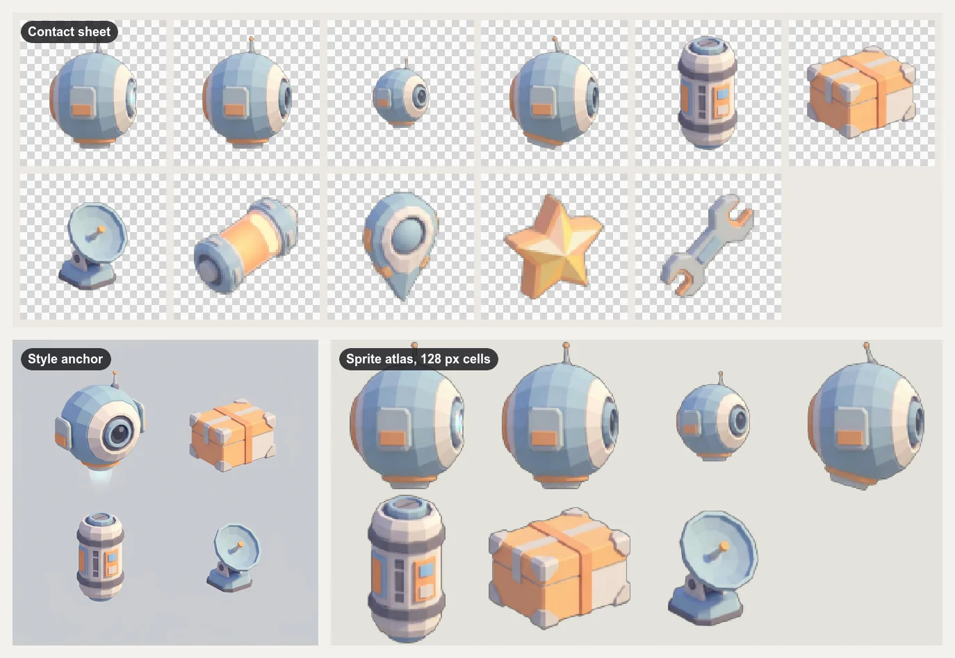 Low-poly delivery robot pack: four robot frames, fuel cell, parcel box, satellite dish and battery, star, map pin and wrench icons, with the style anchor and the 128 px sprite atlas
