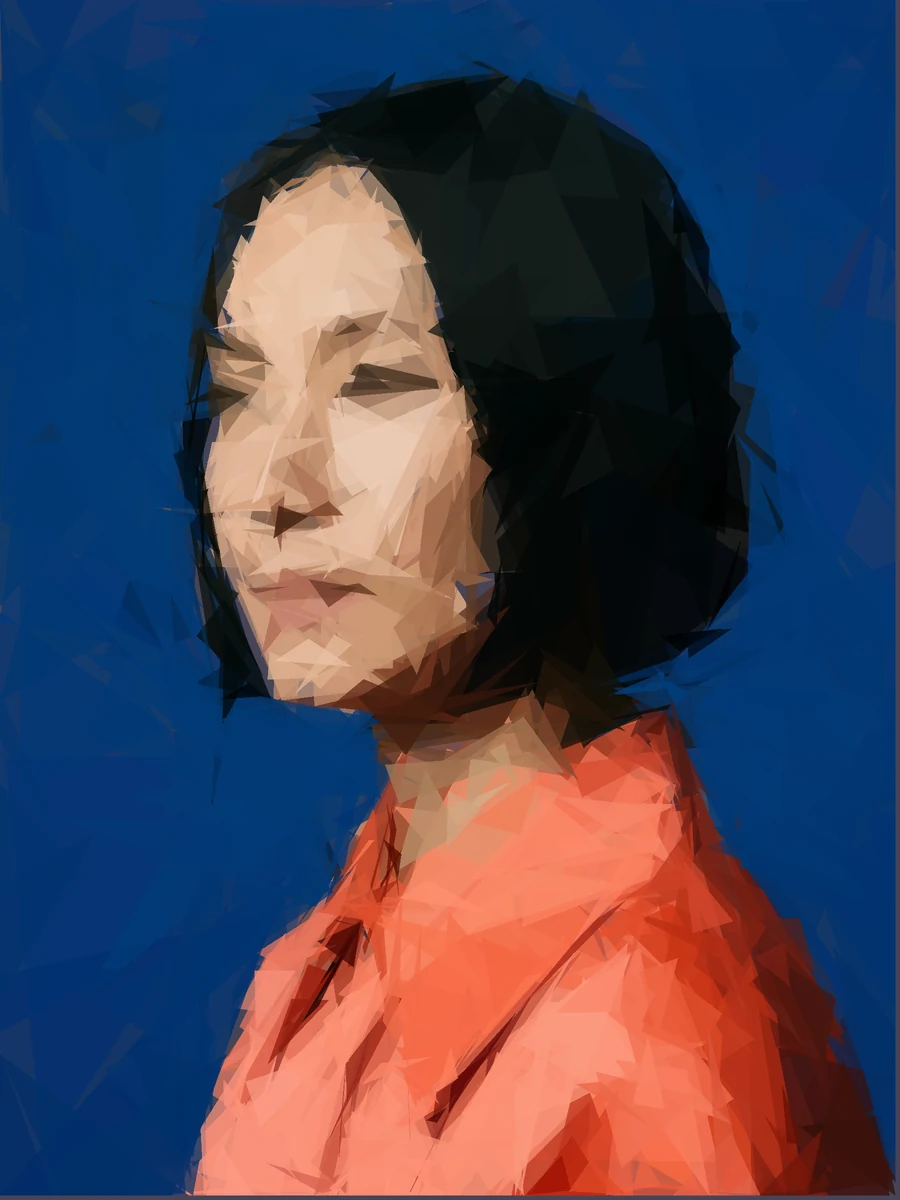 Portrait of a woman in coral clothing reconstructed from overlapping geometric triangles on blue