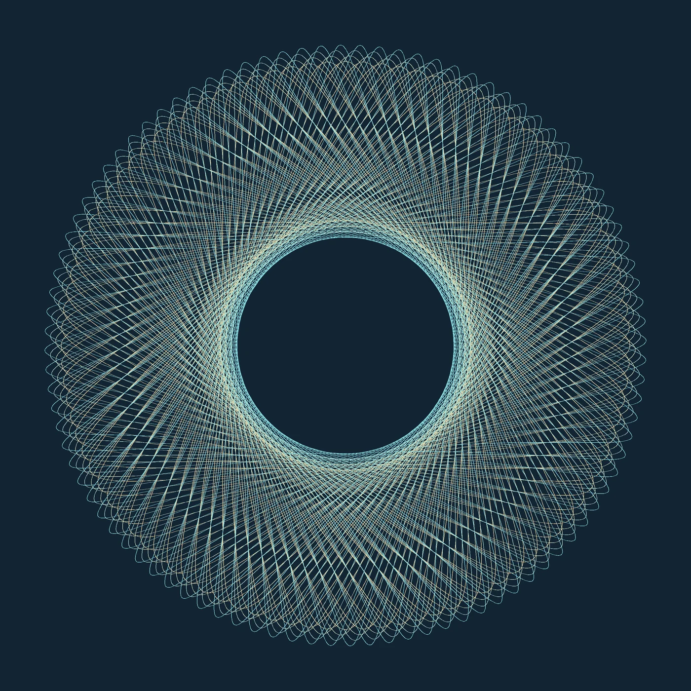 Fine gold and pale cyan curves form a layered guilloche rosette on a dark blue background