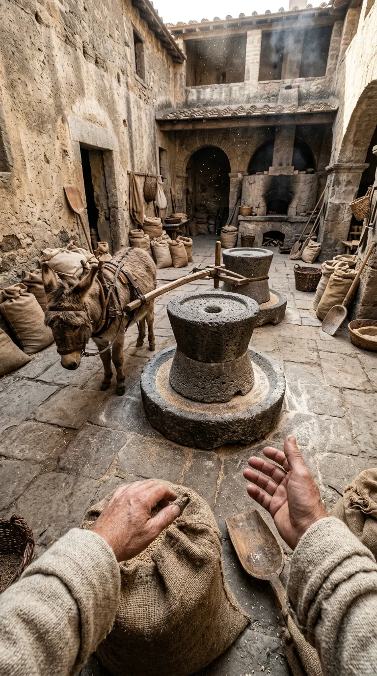 History POV Video Maker: Keyframe: first-person view of a Pompeii bakery mill