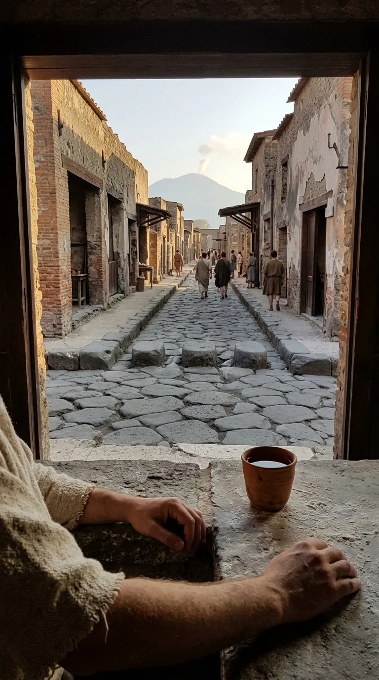 History POV Video Maker: Keyframe: a Pompeii street with Vesuvius in the distance