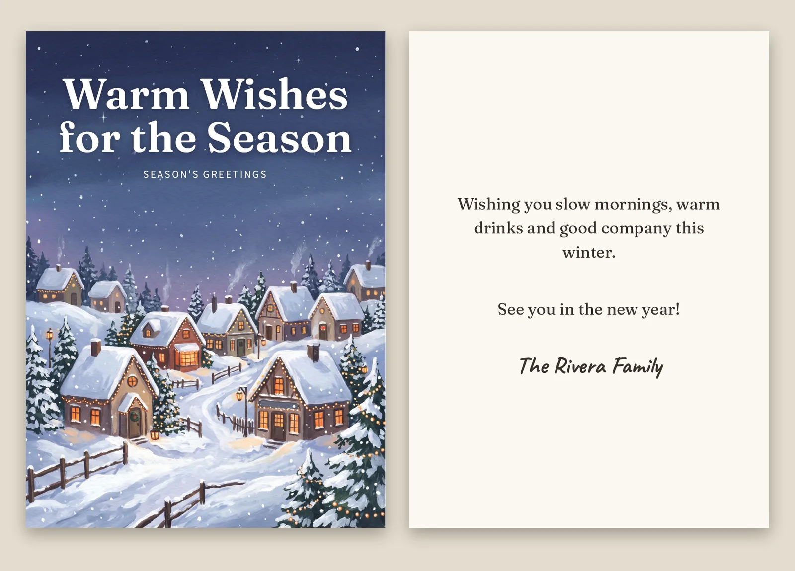 Printed card front reading Warm Wishes for the Season over a painted snowy village at blue hour, next to the back with a message signed The Rivera Family