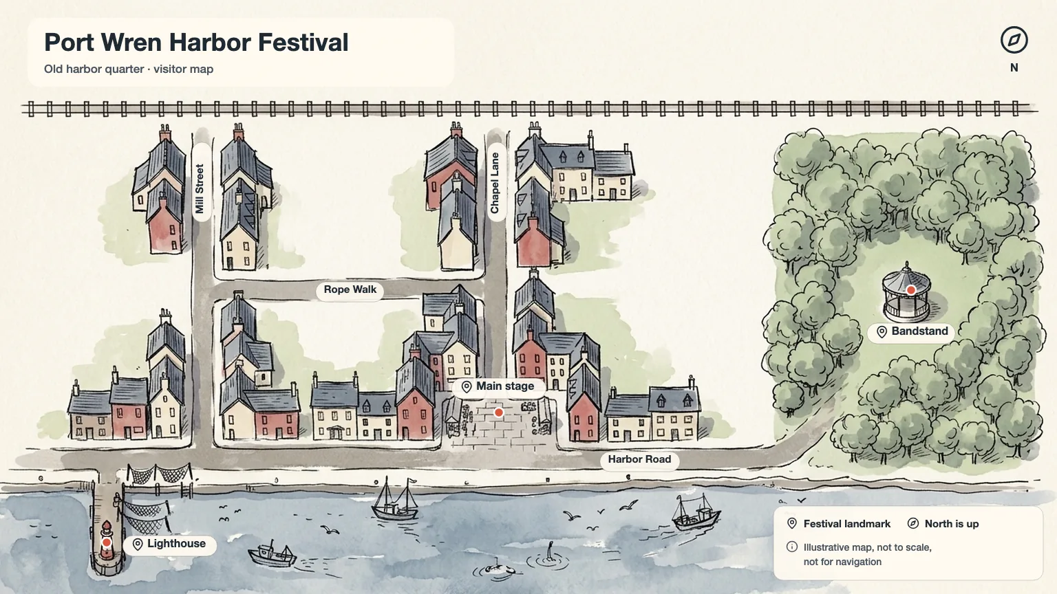 Ink and wash version of the same Port Wren festival map with the river along the bottom and the park on the right