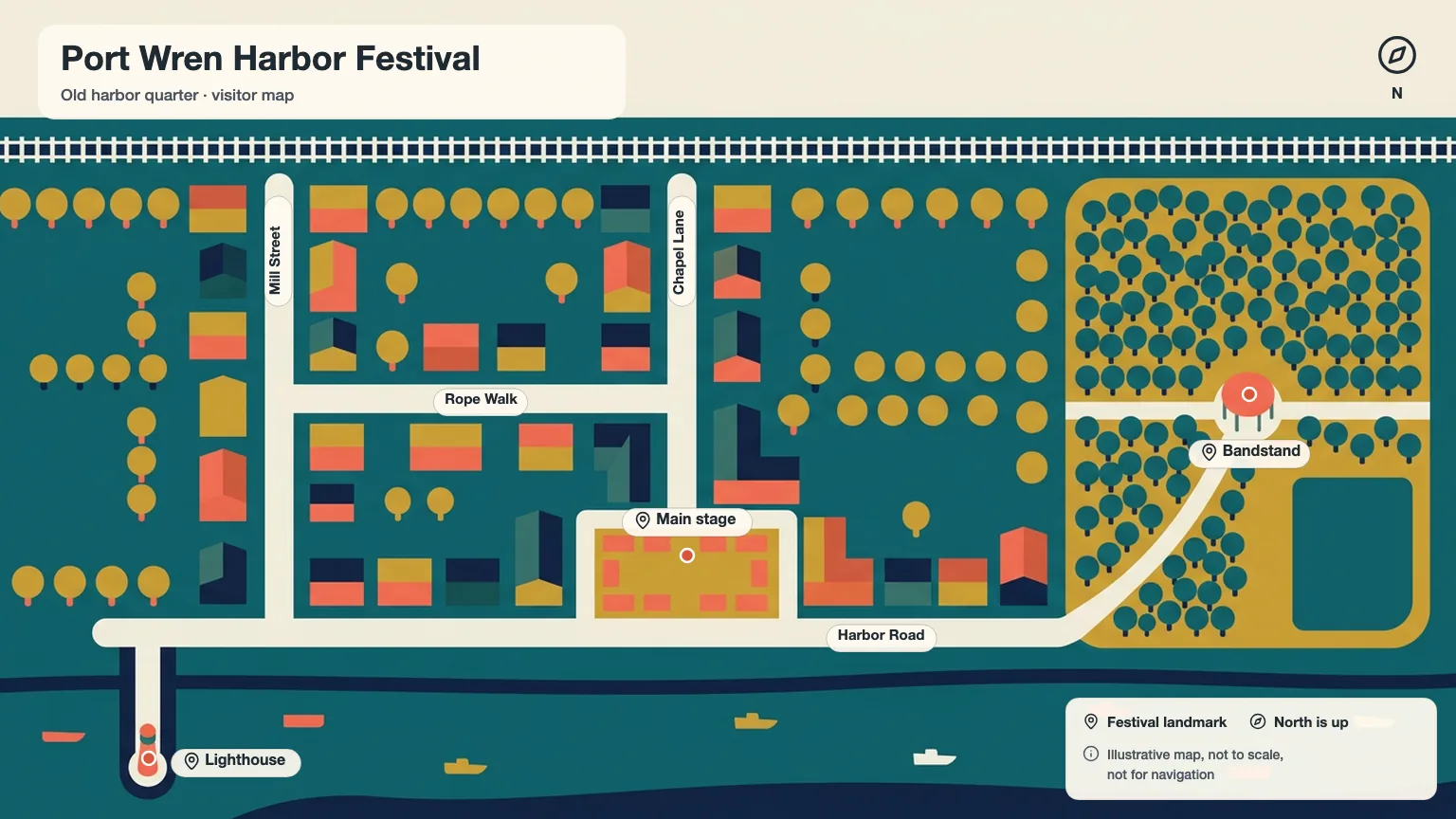 Flat poster style version of the Port Wren map in teal, coral and mustard with the same street layout and labels